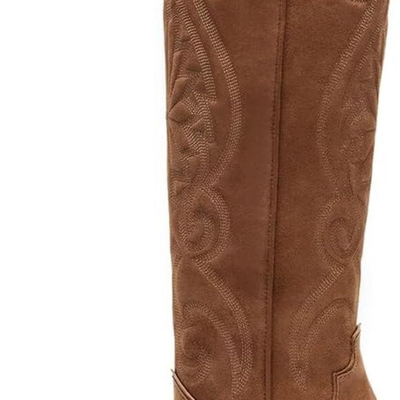 Women Knee High Cowboy Boots Leather Suede Pointed Toe Chunky Heels - Picture 1 of 7